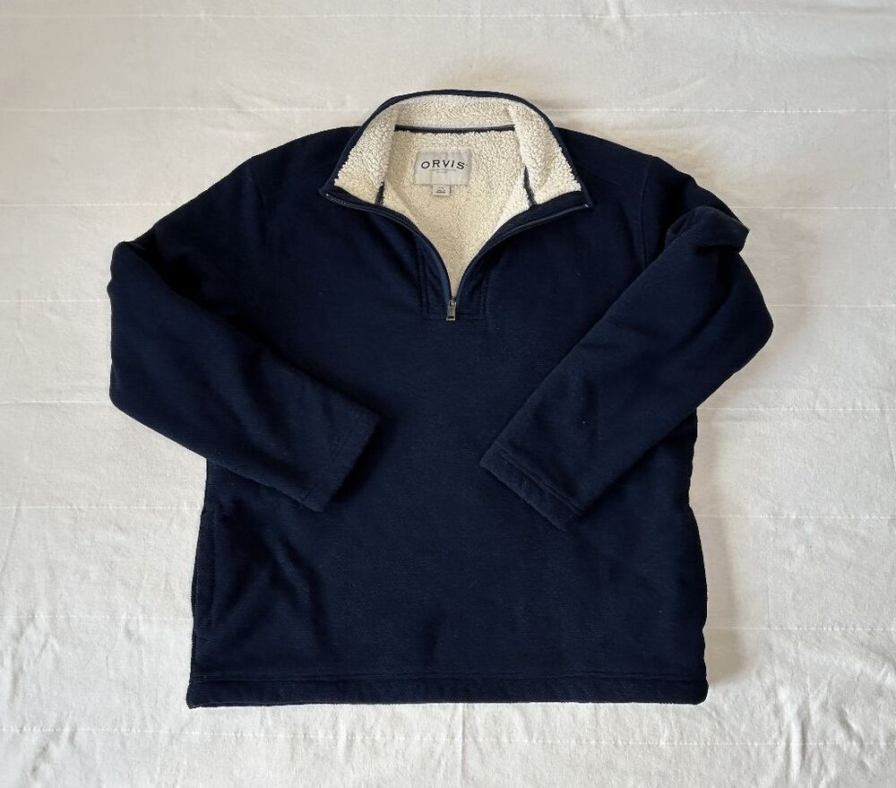 Men's Orvis Dark Blue Fleece Lined 1/4 Zip Pullover Size L Heavy Fishermancore